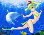  1girl bikini bubble character_request coral diving dolphin fish flippers freediving green_hair hair_ribbon holding_breath ocean red_eyes ribbon smile source_request swimming swimsuit 