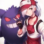  1girl backpack bag baseball_cap black_gloves choker closed_mouth cropped_jacket female_protagonist_(pokemon_go) fingerless_gloves gengar gloves grey_eyes grin hair_over_one_eye hat long_hair looking_at_another looking_at_viewer looking_to_the_side one_eye_covered oopartz_yang pokemon pokemon_(creature) pokemon_go ponytail red_sclera sleeves_past_elbows smile v white_hair 