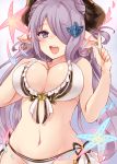  1girl bikini blush braid breasts chiune_(yachi) cleavage doraf earrings frilled_bikini frills granblue_fantasy hair_bun hair_ornament hair_over_one_eye hair_up hand_on_own_chest highres horns jewelry lavender_hair long_hair looking_at_viewer medium_breasts narumeia_(granblue_fantasy) open_mouth pointing pointing_up pointy_ears solo star star_earrings swimsuit upper_body very_long_hair 
