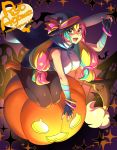  1girl agawa_ryou bare_shoulders bracelet breasts green_eyes halloween hat heterochromia high_heels jewelry looking_at_viewer medium_breasts mimi_(picarto.tv) multicolored_hair pantyhose picarto.tv pumpkin signature solo thighs witch_hat yellow_eyes 