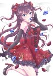  1girl azuki_(ggrksss-apple) black_gloves blue_eyes brown_hair corset dress elbow_gloves finger_to_mouth gem gloves high_heels ichinose_shiki idolmaster idolmaster_cinderella_girls idolmaster_cinderella_girls_starlight_stage long_hair looking_at_viewer petals red_dress rose_petals smile solo two_side_up 