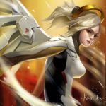  1girl alternate_eye_color artist_name blonde_hair bodysuit breasts brown_eyes from_side high_ponytail large_breasts lips looking_at_viewer looking_to_the_side mechanical_halo mechanical_wings mercy_(overwatch) nose overwatch paprika_(amz123) ponytail signature solo upper_body wings yellow_wings 