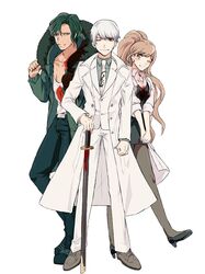  1girl 2boys blood brown_hair dangan_ronpa dangan_ronpa_3 green_eyes high_heels high_ponytail highres kumio-appon labcoat long_hair multiple_boys munakata_kyousuke one_eye_closed pantyhose sakakura_juuzou scrunchie smile yukizome_chisa 