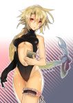  1girl bare_shoulders blazblue blonde_hair bow braid breasts casual_one-piece_swimsuit center_opening hyakuhachi_(over3) lambda-11 leg_garter leotard long_hair low-tied_long_hair medium_breasts navel one-piece_swimsuit pen red_eyes ribbon single_braid single_elbow_glove solo swimsuit thigh_gap under_boob 