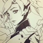 1girl highres mechanical_halo mechanical_wings mercy_(overwatch) monochrome overwatch ponytail portrait sao_(saowee) solo traditional_media wings 