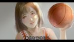  1girl absurdres akagi_haruko basketball brown_eyes brown_hair chinese highres jersey letterboxed light slam_dunk smile solo translation_request upper_body wei_feng 