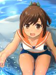  1girl breasts brown_eyes brown_hair hair_ornament hairclip highres i-401_(kantai_collection) inanaki_shiki kantai_collection looking_at_viewer one-piece_swimsuit ponytail sailor_collar school_swimsuit short_ponytail splashing swimsuit swimsuit_under_clothes tan tanline water 