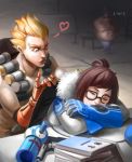  1girl 2boys bei_ju_luoxuan_wan black-framed_eyewear blanket blonde_hair brown_hair desk emoticon eyebrows glasses heart highres junkrat_(overwatch) mechanical_arm mei_(overwatch) multiple_boys overwatch pinky_out roadhog_(overwatch) shirt_lift short_hair sleeping spiky_hair spoken_heart 