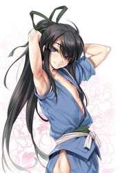  1boy armpits arms_behind_head arms_up black_hair crossdressinging drifters grin hair_over_one_eye hair_ribbon japanese_clothes kure_masahiro long_hair looking_at_viewer male_focus nasu_no_yoichi nipple_slip nipples otoko_no_ko ponytail pose ribbon side_slit smile solo 