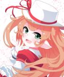  1girl :d bangs blush drusilla eyebrows eyebrows_visible_through_hair from_behind granblue_fantasy green_eyes hand_on_own_face harbin hat hat_ribbon highres long_hair long_sleeves looking_back open_mouth orange_hair pointy_ears red_ribbon ribbon smile solo twintails upper_body wadakazu white_hat 