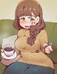  1girl bangs blunt_bangs braid brown_eyes brown_hair coffee coffee_mug couch denim freckles hono1212 jeans juushimatsu&#039;s_girlfriend osomatsu-san pants ribbed_sweater side_braid sitting smile solo spoon sweater 