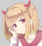  1girl blonde_hair bow closed_mouth eyebrows eyebrows_visible_through_hair furuhiro hair_bow hand_on_own_cheek iijima_yun long_sleeves new_game! open_eyes red_eyes smile two_side_up 