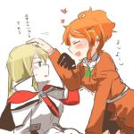 2girls aquila_(kantai_collection) blonde_hair blue_eyes blush commentary_request from_side gloves graf_zeppelin_(kantai_collection) hair_ornament hairclip hand_on_another&#039;s_head kantai_collection lowres multiple_girls open_mouth orange_hair petting rebecca_(keinelove) smile sweat translation_request 
