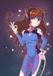  1girl absurdres acronym artist_name bangs bodysuit boots bracer breasts breasts_apart brown_hair bunny_print closed_mouth cowboy_shot d.va_(overwatch) facepaint facial_mark gloves hand_on_hip hand_up headphones highres huge_filesize legs_apart long_hair long_sleeves medium_breasts mrdullpen overwatch pauldrons pilot_suit ribbed_bodysuit shoulder_pads skin_tight smile solo thigh-highs thigh_boots thigh_strap turtleneck whisker_markings white_boots white_gloves 