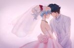  1boy 1girl absurdres black_hair blonde_hair blue_hair bow bowtie bridal_veil closed_eyes couple dated dress earrings elbow_gloves forehead-to-forehead formal gloves hetero highres husband_and_wife jewelry long_hair mosako nia_teppelin simon suit tengen_toppa_gurren_lagann tuxedo veil wedding wedding_dress white_gloves 