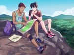  2boys backpack bag black_hair bottle brown_hair dark_skin dark_skinned_male drinking food food_on_face hyakujuu-ou_golion keith_(voltron) lance_(voltron) looking_down magatsumagic male_focus map multiple_boys sandwich shoes shorts sky sneakers tank_top tree voltron:_legendary_defender water_bottle 