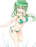  1girl :d alternate_costume armpits arms_at_sides bare_shoulders bikini blue_eyes blush breasts cleavage collarbone cowboy_shot frog_hair_ornament from_side green_bikini green_hair hair_ornament hair_tubes highres kochiya_sanae leaning_forward long_hair looking_at_viewer looking_to_the_side medium_breasts navel open_mouth side-tie_bikini sideboob smile solo stomach swimsuit touhou under_boob white_background yonaga_(masa07240) 