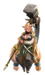  1girl almeida_(granblue_fantasy) armor armored_boots big_hair blonde_hair boots breasts cleavage dark_skin doraf earrings full_body granblue_fantasy highres horns jewelry large_breasts long_hair looking_at_viewer low_twintails miyujin oversized_object pointy_ears scythe solo twintails very_long_hair warhammer weapon 