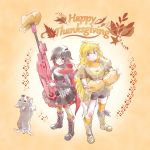  2girls english food highres iesupa multiple_girls ruby_rose rwby siblings sisters thanksgiving turkey_(food) welsh_corgi yang_xiao_long zwei_(rwby) 