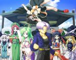  antenna_hair ascot belt black_hair black_wings blonde_hair blue_eyes blue_sky blurry bow braid breasts chinese_clothes cleavage cleavage_cutout clenched_hand clouds crossover depth_of_field detached_sleeves dragon_ball dragon_ball_z frown green_eyes green_hair grin hair_bow hair_tubes hairband hakurei_reimu hand_on_hip hat highres hong_meiling jacket japanese_clothes kamishima_kanon kirisame_marisa kochiya_sanae konpaku_youmu large_breasts lavender_hair midriff miko navel oonusa outstretched_arm pectorals polaroid red_eyes redhead ribbon-trimmed_sleeves ribbon_trim shameimaru_aya sheath shrine sky smile sweatdrop sword touhou trunks_(dragon_ball) twin_braids upside-down weapon white_hair wide_sleeves wings witch_hat wrist_cuffs 