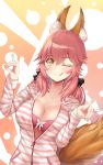  1girl animal_ears breasts casual cleavage collarbone fate/extra fate_(series) fox_ears fox_tail highres i.f.s.f large_breasts one_eye_closed open_clothes open_shirt pink_hair shirt solo tail tamamo_(fate)_(all) tamamo_no_mae_(fate) tongue tongue_out type-moon yellow_eyes 
