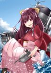  1girl blue_sky bow clouds gradient_hair gun hair_bow hakama highres holding holding_gun holding_weapon ike_(ac0303atn) japanese_clothes kamikaze_(kantai_collection) kantai_collection kimono long_hair looking_at_viewer machinery meiji_schoolgirl_uniform multicolored_hair open_mouth pink_hair pink_hakama pink_skirt purple_hair ribbon skirt sky smokestack solo splashing tasuki turret violet_eyes water weapon yellow_ribbon 