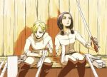  2girls annie_leonhardt black_hair blonde_hair blue_eyes mina_carolina mogt multiple_girls shingeki_no_kyojin short_hair sword three-dimensional_maneuver_gear twintails weapon 