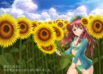  1girl beret blush bow bra braid breasts clouds cloudy_sky cowboy_shot day field flower flower_field green_bow green_bra green_eyes green_panties green_shirt grin hair_bow hair_flower hair_ornament hat hong_meiling long_hair long_sleeves looking_at_viewer medium_breasts navel no_pants open_clothes open_shirt outdoors panties redhead shirt sky smile solo star stomach sunflower sunflower_hair_ornament touhou translation_request twin_braids uemura_shun underwear 