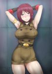  1girl armlet armpits arms_behind_head arms_up ass_visible_through_thighs belt belt_buckle black_beat black_gloves blush breasts brown_eyes buckle choker contrapposto earrings gloves heart heart_earrings jewelry large_breasts military military_uniform redhead short_hair sleeveless solo sweat sweating the_king_of_fighters thighs uniform whip_(kof) 