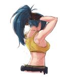  1girl a-ka adjusting_hair belt blue_hair breasts brown_gloves crop_top from_behind gloves leona_heidern medium_breasts midriff ponytail sketch solo tank_top the_king_of_fighters the_king_of_fighters_xiv tying_hair 