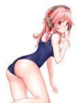  1girl absurdres ahoge arm_up ass blush breasts closed_mouth cowboy_shot from_behind headphones highres long_hair looking_at_viewer looking_back onceskylark pink_hair red_eyes school_swimsuit shoulder_blades simple_background solo standing standing_on_one_leg swimsuit tirpitz_(zhan_jian_shao_nyu) white_background zhan_jian_shao_nyu 