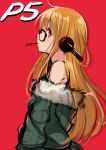  1girl glasses headphones highres jacket kujou_ichiso long_hair orange_hair persona persona_5 pocky sakura_futaba 