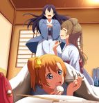  3girls bag blue_eyes blue_hair blush bread brown_hair closed_eyes coat food hair_ornament highres japanese_clothes kimono kousaka_honoka long_hair love_live! love_live!_school_idol_project lying minami_kotori multiple_girls on_stomach one_side_up open_mouth orange_hair shiokazunoko side_ponytail smile sonoda_umi standing 