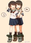  2girls black_hair blue_skirt blush braid closed_eyes hair_over_shoulder hair_ribbon hands_on_another&#039;s_shoulders heart ina_(1813576) isonami_(kantai_collection) kantai_collection kneehighs long_hair multiple_girls musical_note pleated_skirt ribbon school_uniform serafuku sidelocks simple_background single_braid skirt smile spoken_heart spoken_musical_note twitter_username uranami_(kantai_collection) v 