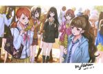  6+girls bag blonde_hair bow brown_eyes brown_hair cardigan commentary_request dated food from_behind fujimoto_rina green_eyes hair_bun hayami_kanade honda_mio houjou_karen ichinose_shiki idolmaster idolmaster_cinderella_girls idolmaster_cinderella_girls_starlight_stage infukun jougasaki_mika kamiya_nao kimura_natsuki lipps_(idolmaster) long_hair miyamoto_frederica mukai_takumi multiple_girls necktie new_generations ninomiya_asuka plaid plaid_skirt potato red_eyes revision sagisawa_fumika satchel school_uniform shibuya_rin shimamura_uzuki shiomi_shuuko short_hair signature skewer skirt smile spiral_potato stick tachibana_arisu triad_primus 