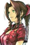  1girl aerith_gainsborough braid breasts brown_hair cropped_jacket facing_to_the_side female final_fantasy final_fantasy_vii green_eyes hair_ribbon hankuri long_hair looking_away parted_bangs ponytail ribbon short_sleeves simple_background solo white_background 