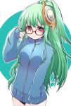  1girl adjusting_hair alternate_costume athena_(p&amp;d) bespectacled blush buruma glasses green_hair gym_uniform hair_ornament highres long_hair looking_at_viewer pikomarie puzzle_&amp;_dragons red-framed_eyewear red_eyes shield solo sweater very_long_hair zipper 