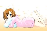  1girl barefoot blue_eyes bow brown_hair from_side hair_bow kousaka_honoka long_hair looking_at_viewer love_live! love_live!_school_idol_project lying nanotsuki on_stomach pillow pillow_hug side_ponytail smile solo the_pose yellow_bow 