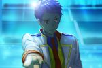  1boy blue_hair blurry ichijou_shin idol king_of_prism_by_prettyrhythm kono59417 looking_at_viewer male_focus necktie pointing pointing_at_viewer pretty_rhythm red_eyes red_necktie smile solo upper_body 