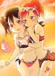  2girls bikini black_hair hat hat_removed headwear_removed highres hug hug_from_behind long_hair love_live! love_live!_school_idol_project multiple_girls nishikino_maki ponytail red_eyes redhead short_hair sunglasses sunglasses_on_head swimsuit twintails udon_(ko-tamu-110309) violet_eyes yazawa_nico yuri 