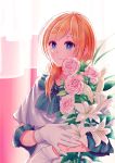  1girl absurdres blonde_hair blue_eyes bouquet character_request flower gloves highres lily_(flower) long_hair pink_rose rose shiroi_sange smile solo source_request 