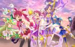 5girls blue_hair boots check_commentary commentary commentary_request green_hair hammer highres janna_windforce jinx_(league_of_legends) league_of_legends lulu_(league_of_legends) luxanna_crownguard magical_girl multiple_girls official_art opera_gloves pink_hair poppy purple_hair redhead staff star_guardian_janna star_guardian_jinx star_guardian_lulu star_guardian_lux star_guardian_poppy sunupones thigh-highs twintails wand 