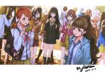  6+girls bag blonde_hair bow brown_eyes brown_hair cardigan dated food from_behind fujimoto_rina green_eyes hair_bun hayami_kanade honda_mio houjou_karen ichinose_shiki idolmaster idolmaster_cinderella_girls idolmaster_cinderella_girls_starlight_stage infukun jougasaki_mika kamiya_nao kimura_natsuki lipps_(idolmaster) long_hair miyamoto_frederica mukai_takumi multiple_girls necktie new_generations ninomiya_asuka plaid plaid_skirt potato red_eyes sagisawa_fumika satchel school_uniform shibuya_rin shimamura_uzuki shiomi_shuuko short_hair signature skewer skirt smile spiral_potato stick tachibana_arisu triad_primus 