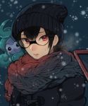  1boy :o bangs beanie black-framed_eyewear black_hat castform cellphone coat glasses hat long_hair looking_at_viewer nuku parted_lips phone pokemon pokemon_(creature) pokemon_special red_eyes ruby_(pokemon) snowing sweat upper_body winter_clothes 