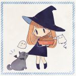  1girl ayu_(mog) biting_clothes black_dress black_hat boned_meat demon_tail demon_wings dog dress food ghost hat horns long_hair meat orange_hair original pet skirt skirt_tug tail wings witch witch_hat 