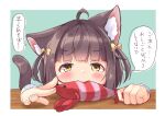  1girl ahoge animal_ear_fluff animal_ears biting black_hair blue_background blush bow brown_eyes cat_ears cat_girl cat_tail commentary_request hair_bow highres holding holding_stuffed_toy manabe_mana original solo stuffed_animal stuffed_shrimp stuffed_toy tail translation_request two-tone_background two_side_up white_background yellow_bow 