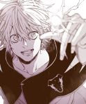  1boy black_clover electricity looking_at_viewer luck_voltia male_focus monochrome open_mouth pointing raurii short_hair solo 