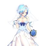  1girl adjusting_clothes blue_hair bouquet breasts cleavage flower giuniu gloves hair_over_shoulder holding jewelry large_breasts long_hair necklace official_art original smile solo tiara transparent_background uchi_no_hime-sama_ga_ichiban_kawaii veil vivienne_(uchi_no_hime-sama_ga_ichiban_kawaii) white_gloves 
