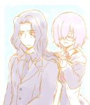  1boy 1girl berserker_(fate/zero) comb combing fate/grand_order fate/zero fate_(series) father_and_daughter formal glasses hair_over_one_eye long_hair necktie purple_hair shielder_(fate/grand_order) short_hair suit 