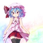  1girl :o adapted_costume bare_arms black_legwear blue_hair cowboy_shot cross_eyed gradient gradient_background hat hat_ribbon looking_at_viewer mob_cap pointy_ears red_eyes red_skirt remilia_scarlet ribbon shirt short_hair skirt sleeveless sleeveless_shirt solo thigh-highs touhou 